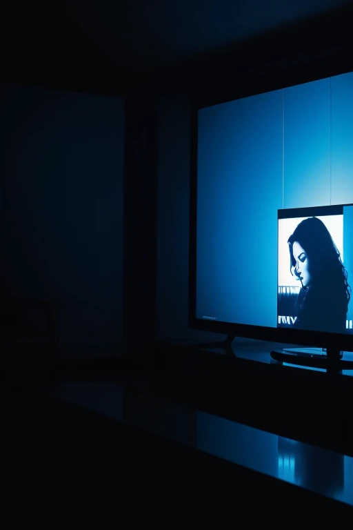 Generate picture of person watching tv in dark room. Make this picture dark and high contrast. Tv screen needs to be empty