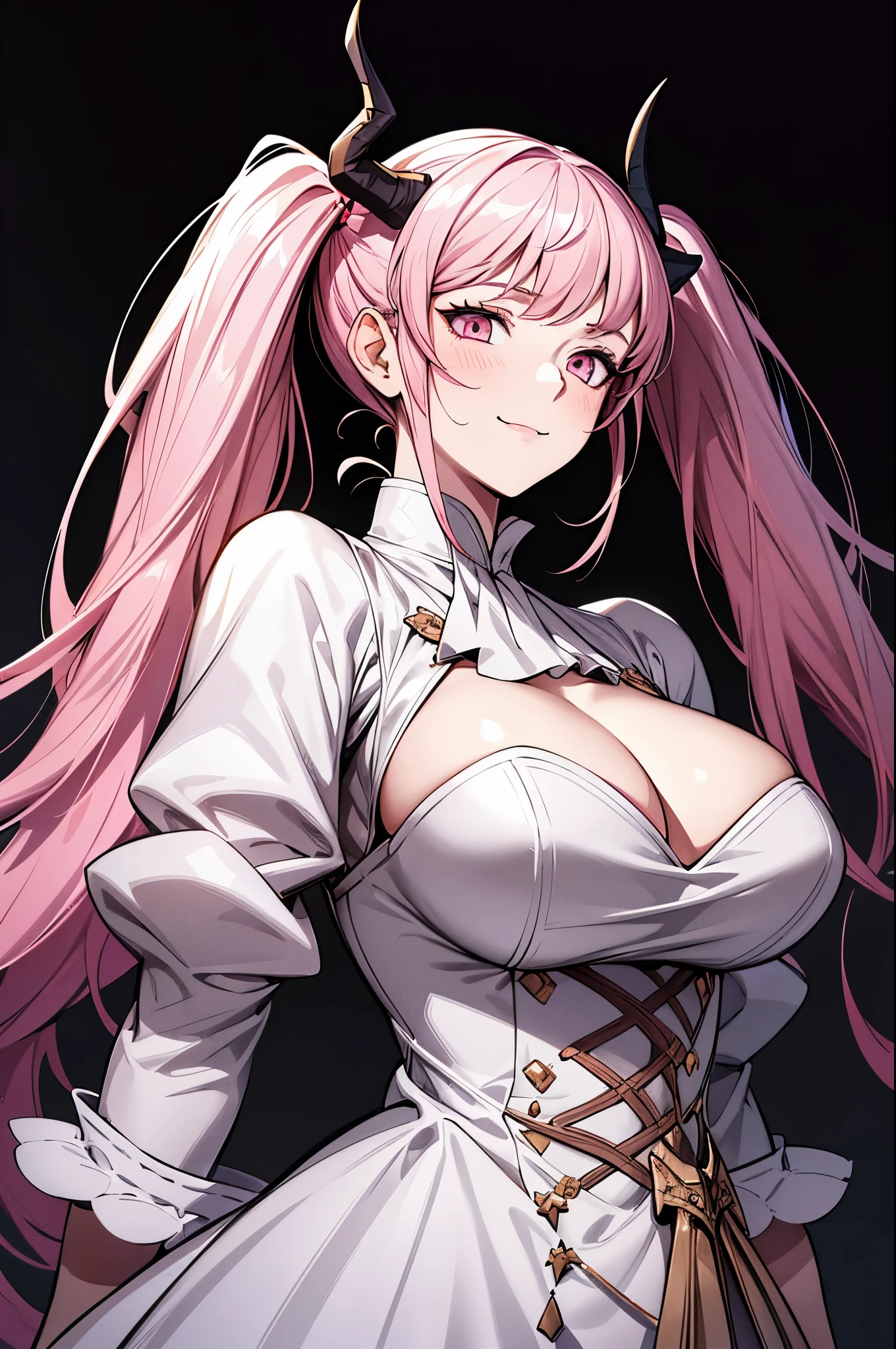 (masterpiece),(intricate details), 1girl, hilda from fire emblem, hilda, young woman in a conservative white dress, pigtails, pink hair, pink eyes, dragon horns, [[horns]], horned, big horns, arknight style, arknights character, art, 4k art, artstation, hd art, hd, ethereal background with starmaps, smiling, looking to the horizon, fully covered, highly detailed, extremely detailed art, extremely detailed face, extremely detailed eyes, dynamic pose, dynamic background, (ultra detailed eyes:0.7, beautiful and detailed face, detailed eyes:0.9)