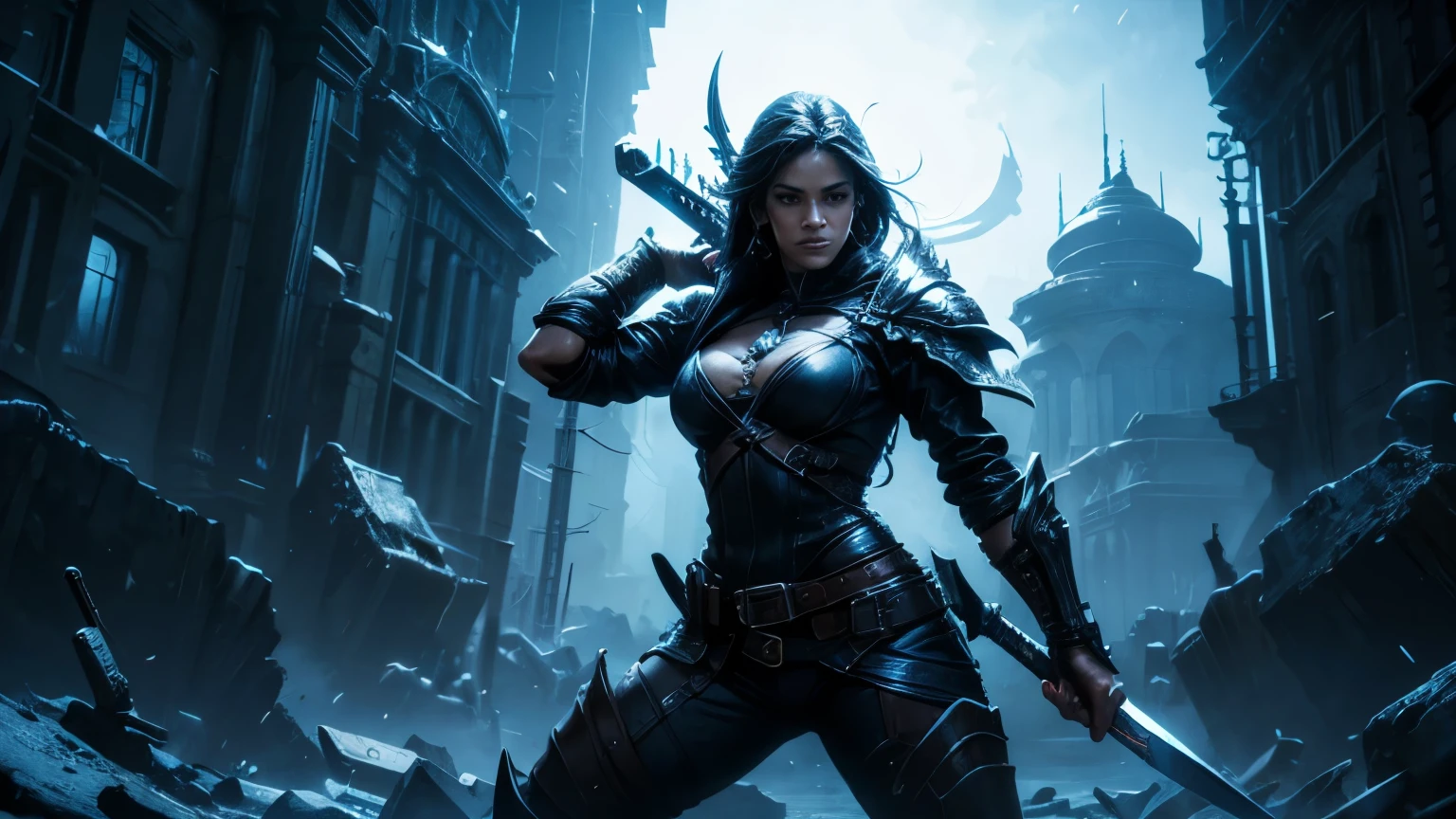 (best quality), (wide angle), (epic pose), Diablo 4, a dual wielding female rogue, fighting with (neon blue 1:1) frost daggers HDR, 4k, UHD, 3D