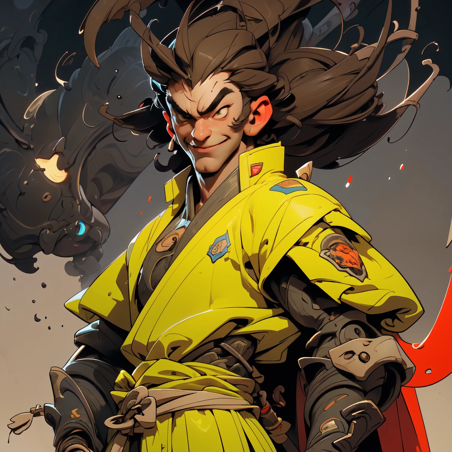 !Chill! Smile!, A young man of 20 years old Ronin, has a normal build, brown color, and African hair, he is not so gigantic, he smiles in a Kill Bill tracksuit and an anti-blue light, inspired by Maxzen. Shoulder armor, sheathed katana, dojo in the background, night setting, Cool comic style - Maxzen, Japanese manga. Ross drawing and Krenz diagram, illustration, composition sketch / Color portrait Young man 20 years old. Modern style, comics, Japanese manga, cyberpunk, future, color shades, rich colors. 2_In the background there is a server, a dojo in the background, a night setting, wires, light bulbs, lanterns, lighting, and robots. 3_High image quality, 4K | Ultra HD | Full HD, cinematic comic book, 3D visualization_in comic book style - linear stroke, color fill, high-quality stroke - a masterpiece, TOP computer graphics ART. 8K, dark lighting, strong shadow. (vivid, anime, comic, creative, sharp focus, 8K). High detail of the drawing, lines, high-quality background (shades of cool tones, red, yellow warm highlights, side lighting), cyberpunk, and futurism. Film grains, dust, and particles in the air.