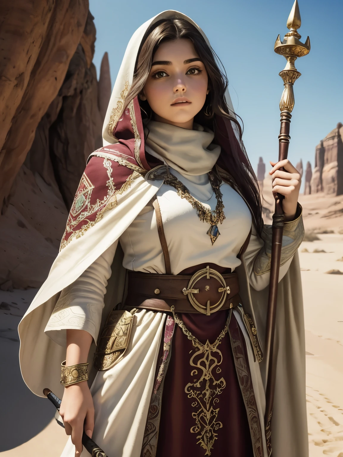 19 years old (cute:0.5) Fantasy (adventurer:1.4) princess, her face looks like (Ariel Winter:0.8) plus Hande Erçel, wears a (leather:0.5) pauldorn, an ((ivory)) and burgundy ornate caucasian dress and an ivory (hijab). Flowing khaki colored linen cape, pouch. She confidently holds a magical staff adorned with a sapphire. In a desert, she stands ready for her next adventure. Close up.