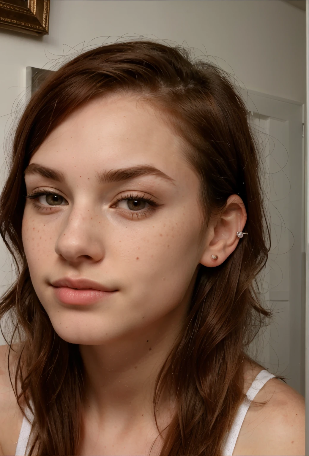 a close up of a woman with a nose piercing and a nose ring, septum piercing, androgynous face, nose piercing, small nose with freckles, freckles on the nose, pointy nose, small freckles, small lips pointy nose, perfect detailed face, facial piercings, cute freckles, piercing stare, thin button nose, buetifull, red hair, hair parted to the side, full-body view, full-body view, full-body view, snow white colored skin, pale skin, cute face, cute face, young,