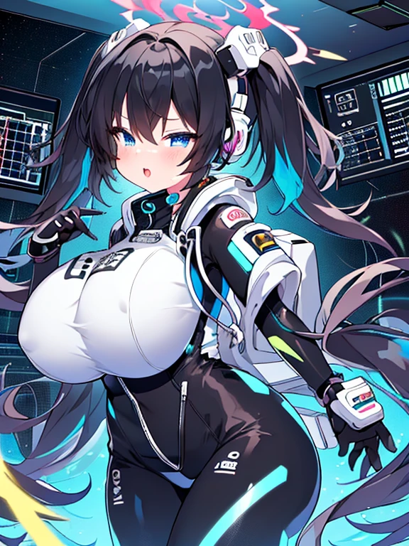 very detailed、masterpiece、high quality、one high school girl、、Loli、(black white space suit、accent)、front zipper、(Futuristic, Tight Fit Bodysuit)、headphone、Cyberpunk space station interior background、(colorful golden hair),ロングtwin tails, (blue eyes), change,twin tails,sassy change，cheey change，mesugaki,girl,天才girl、(big breast):1.0,(blush):1.1、halo、