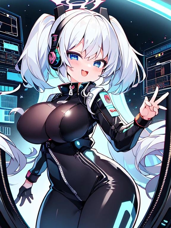 very detailed、masterpiece、high quality、one high school girl、、Loli、(black and white space suit、accent)、front zipper、(Futuristic, Tight Fit Bodysuit)、headphone、Cyberpunk space station interior background、(colorful golden hair),ロングtwin tails, (blue eyes), change,twin tails,sassy change，cheey change，mesugaki,girl,天才girl、(big breast):1.0,(blush):1.1、halo、