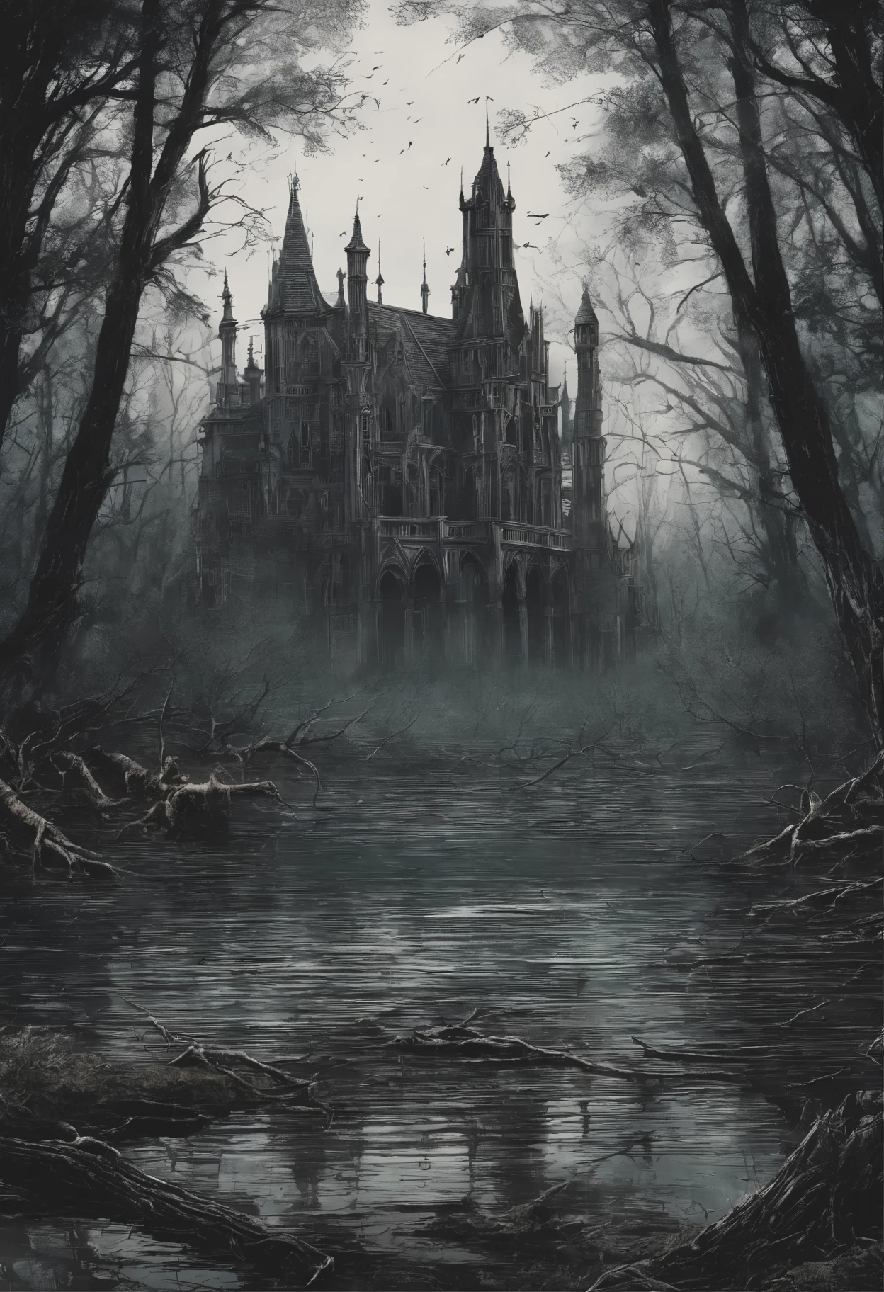 ((a dark ethereal ghost flies over a swampy forest):1.5), the ruins of an ancient watchtower in the background, (Best Quality, 16K, Masterpiece, UHD:1.3, Huge detail, hyper realistic, epic scale, insane level of details)