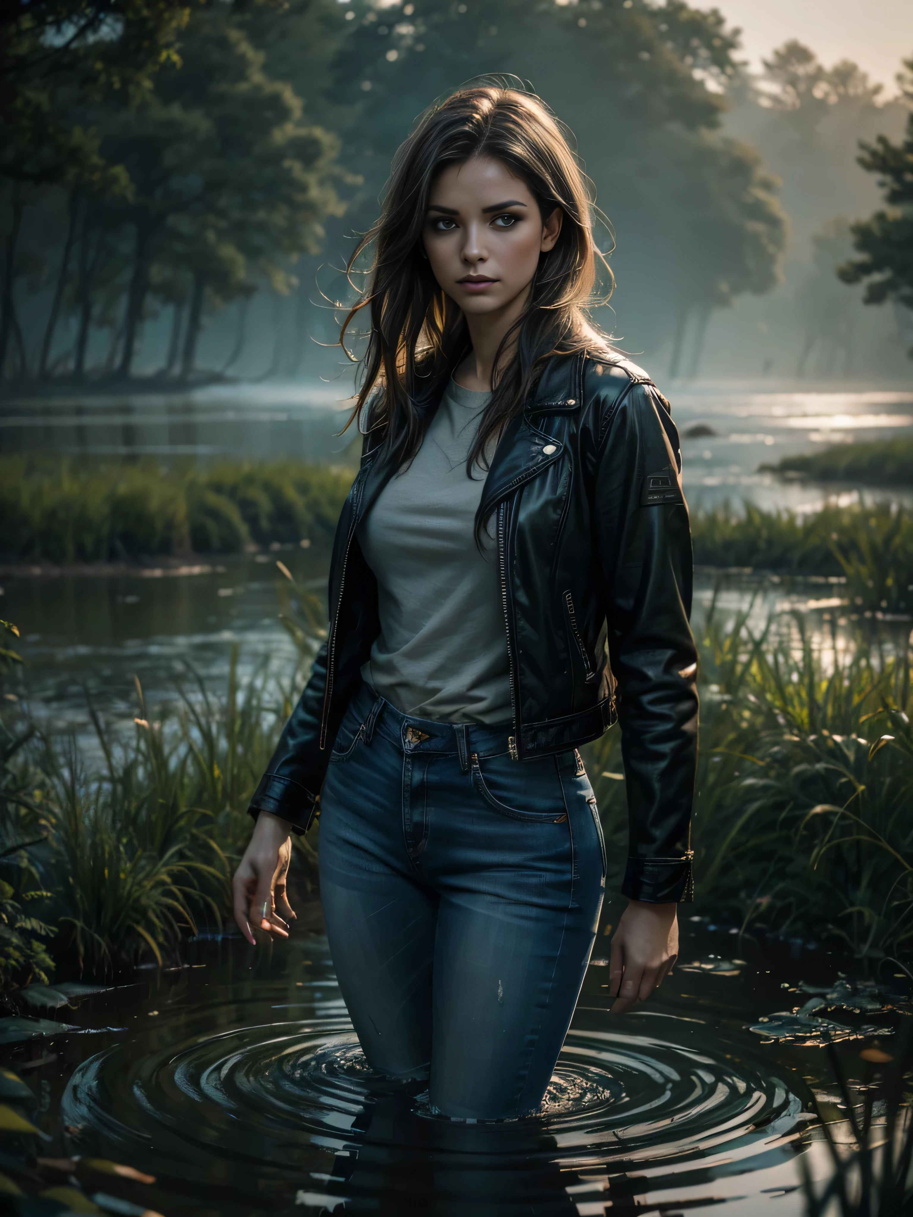 A woman in jeans and a leather jacket drowns in a swamp, Loss of Hope for Salvation,(Best Quality,4k,8K,hight resolution,Masterpiece:1.2),Ultra-detailed, (Realistic,Photorealistic,photo-realistic:1.37), Intrusive atmosphere, dark and gloomy, dramatic lighting, cloudy water, shabby clothes, A desperate look on her face, struggling to stay afloat, marshland, Eerie silence, fog fog, saturated colors, cinematic style