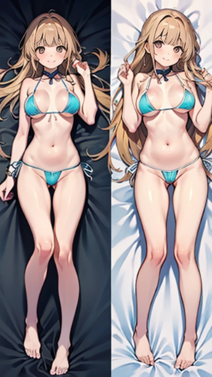 1 girl, the best, masterpiece, HD, (whole body), Symmetrical, alone, (whole body from head to toe), ((moro liberation front)), Slingshot bikini, unrealistic, (( camel toe)), ((((translucent bikini)))), ((((translucent)))), ((((transparent)))), (((transparent clothing))), whole body视图, Gaze towards the camera, ((Isometric pillow diagram)), ((dakimakura)), (Lying in bed),Physically based rendering, beautiful women, Perfect body, Smile, bedroom, Giant breast, barefoot, toe