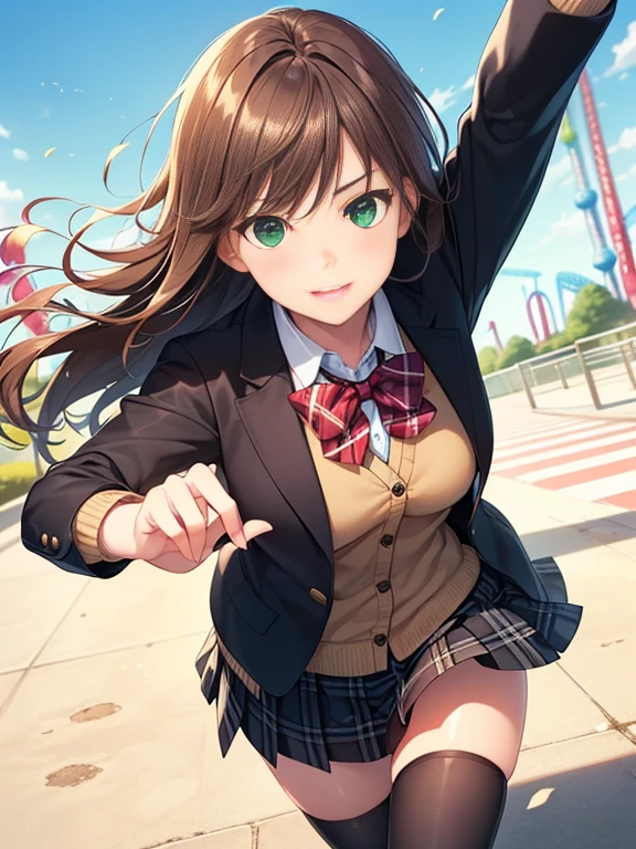 ((masterpiece, highest quality, High resolution, UHD, perfect pixel, Depth of bounds written, 4K, rtx, HDR))), 1 girl, single, alone, beautiful anime girl, beautiful art style, anime character, ((long hair, bangs, brown hair)), (green eyes:1.4, round eyes, beautiful eyelashes, realistic eyes), (detailed face, blush:1.2), (smooth texture:0.75, realistic texture:0.65, realistic:1.1, Anime CG style), medium breasts, (dynamic angle, dynamic pose:1.4, throw, close, looking at the viewer), perfect body, (red bow tie, school uniform, black jacket, closed jacket, Brown cardigan, white shirt), ((black skirt:1.5, plaid skirt, black stockings)), smile, open your mouth, amusement park