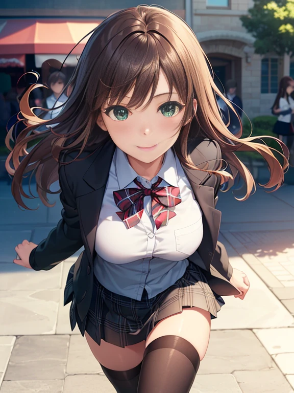 ((masterpiece, highest quality, High resolution, UHD, perfect pixel, Depth of bounds written, 4K, rtx, HDR))), 1 girl, single, alone, beautiful anime girl, beautiful art style, anime character, ((long hair, bangs, brown hair)), (green eyes:1.4, round eyes, beautiful eyelashes, realistic eyes), (detailed face, blush:1.2), (smooth texture:0.75, realistic texture:0.65, realistic:1.1, Anime CG style), medium breasts, (dynamic angle, dynamic pose:1.4, throw, close, looking at the viewer), perfect body, (red bow tie, school uniform, black jacket, closed jacket, Brown cardigan, white shirt), ((black skirt:1.5, plaid skirt, black stockings)), smile, open your mouth, amusement park