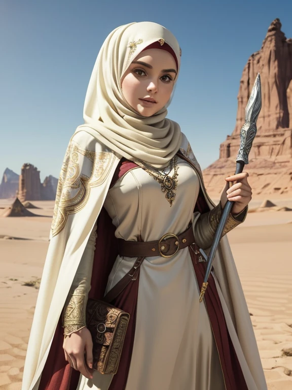 22 years old (cute:0.5) Fantasy (adventurer:1.4) princess, her face looks like Ariel Winter plus Hande Erçel, wears a (leather:0.5) pauldorn, an ((ivory)) and burgundy ornate caucasian dress and an ivory (hijab:1.5). Flowing khaki colored linen cape, pouch. She confidently holds a magical staff adorned with a sapphire. In a desert, she stands ready for her next adventure. Close up.