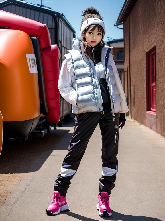 very detailed、masterpiece、Ski Resort Background、a woman in a (white down vest at northface):1.4, white puffer vest and black pants posing for a picture, model is wearing techtical vest, sportswear, sportswear, かわいいsportswear, nanocarbon-vest, white!!, white coat, tech wear women pictures, 2 techwear women, catalog photo, stylish coat for rave, full body photo, future inflatable jacket, Miko, Kim Woo