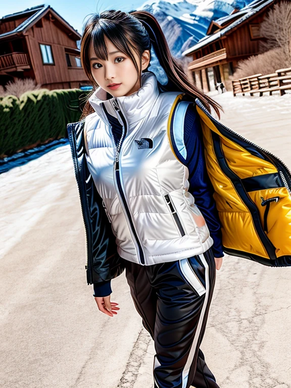 very detailed、masterpiece、Ski Resort Background、a woman in a (white down vest at northface):1.4, white puffer vest and black pants posing for a picture, model is wearing techtical vest, sportswear, sportswear, かわいいsportswear, nanocarbon-vest, white!!, white coat, tech wear women pictures, 2 techwear women, catalog photo, stylish coat for rave, full body photo, future inflatable jacket, Miko, Kim Woo