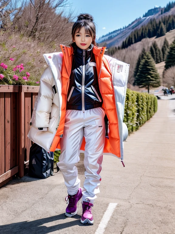 very detailed、masterpiece、Ski Resort Background、a woman in a (white down vest at northface):1.4, white puffer vest and black pants posing for a picture, model is wearing techtical vest, sportswear, sportswear, かわいいsportswear, nanocarbon-vest, white!!, white coat, tech wear women pictures, 2 techwear women, catalog photo, stylish coat for rave, full body photo, future inflatable jacket, Miko, Kim Woo