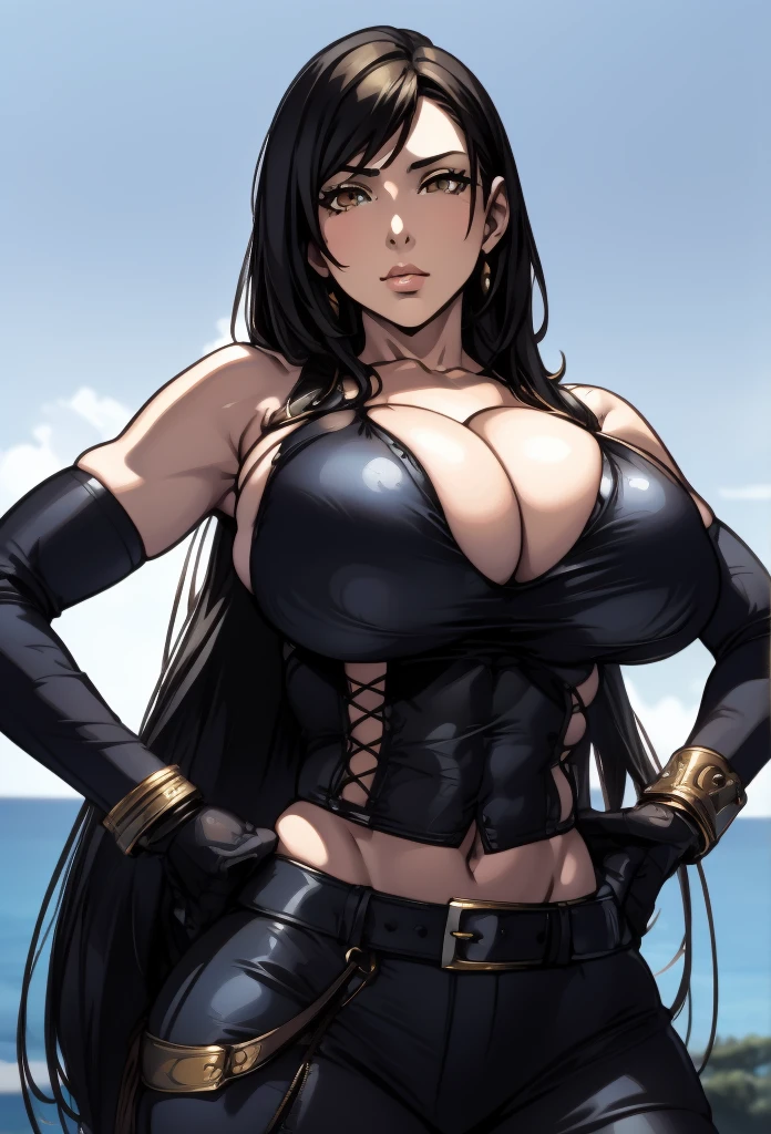 Chica anime vestida de cuero posando en la playa con el pelo largo, seductive retrato de tifa lockhart, tifa lockhart, tifa, retrato de tifa lockhart, retrato de tifa lockhart, tifa lockheart, glamorosa tifa lockheart, tifa lockhart con el pelo blanco, Anime rudo 8K, chica anime seductora, render fotorrealista de chica anime, Nico Robin