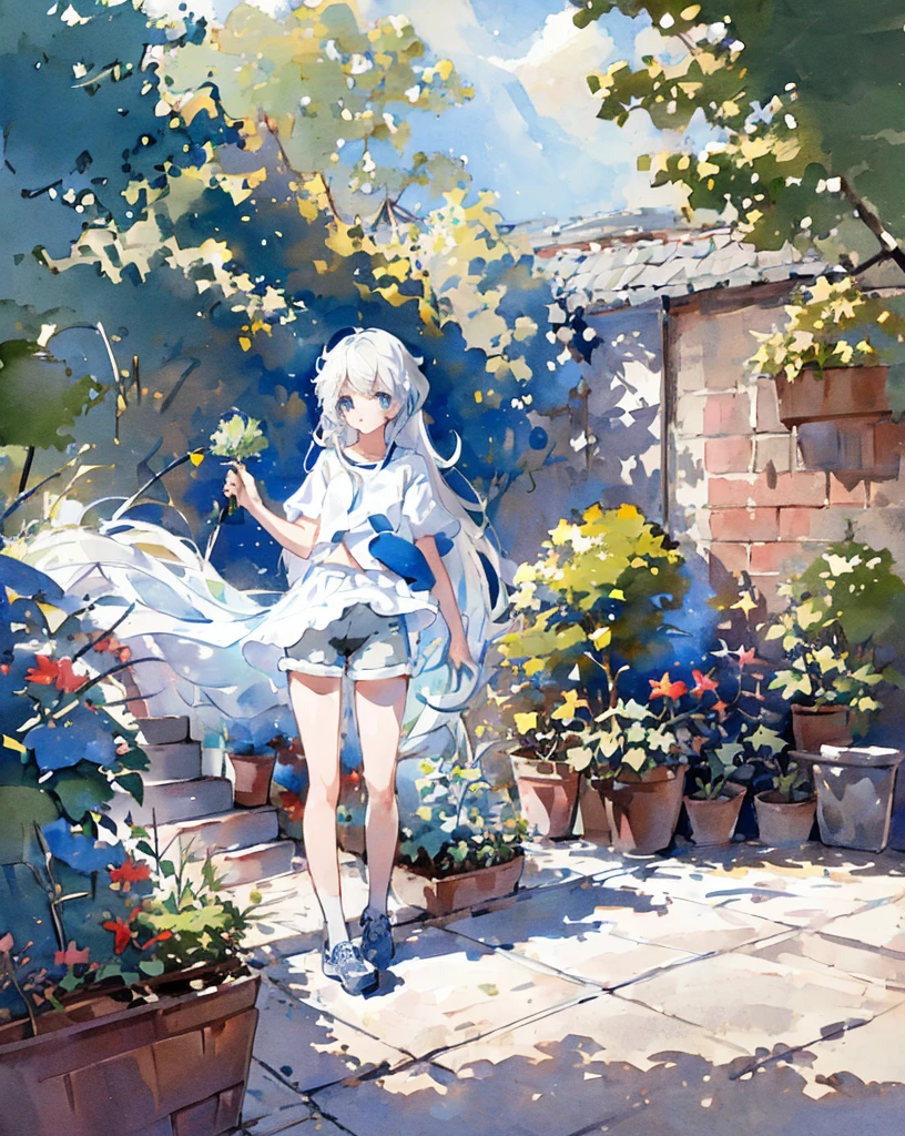 1 girl, long white hair, blue eyes, wearing white shirt, black shorts, garden, ridiculous, high resolution, Super sharp, 8k, masterpiece, look at viewe