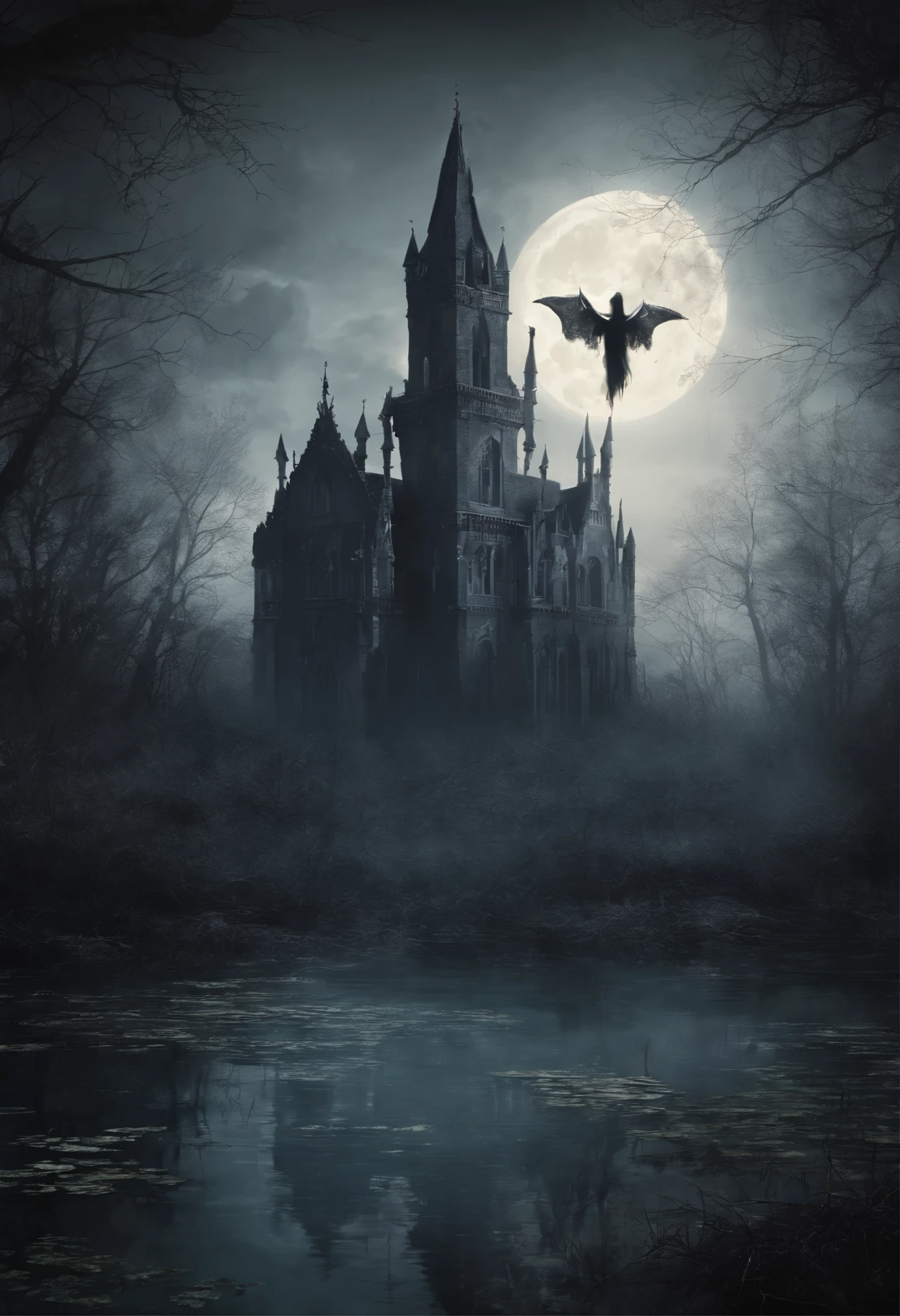 ((a dark ethereal ghost flies over a swampy forest):1.5), the ruins of an ancient {watchtower | castle} in the background, night, moon, (Best Quality, 16K, Masterpiece, UHD:1.3, Huge detail, hyper realistic, epic scale, insane level of details)