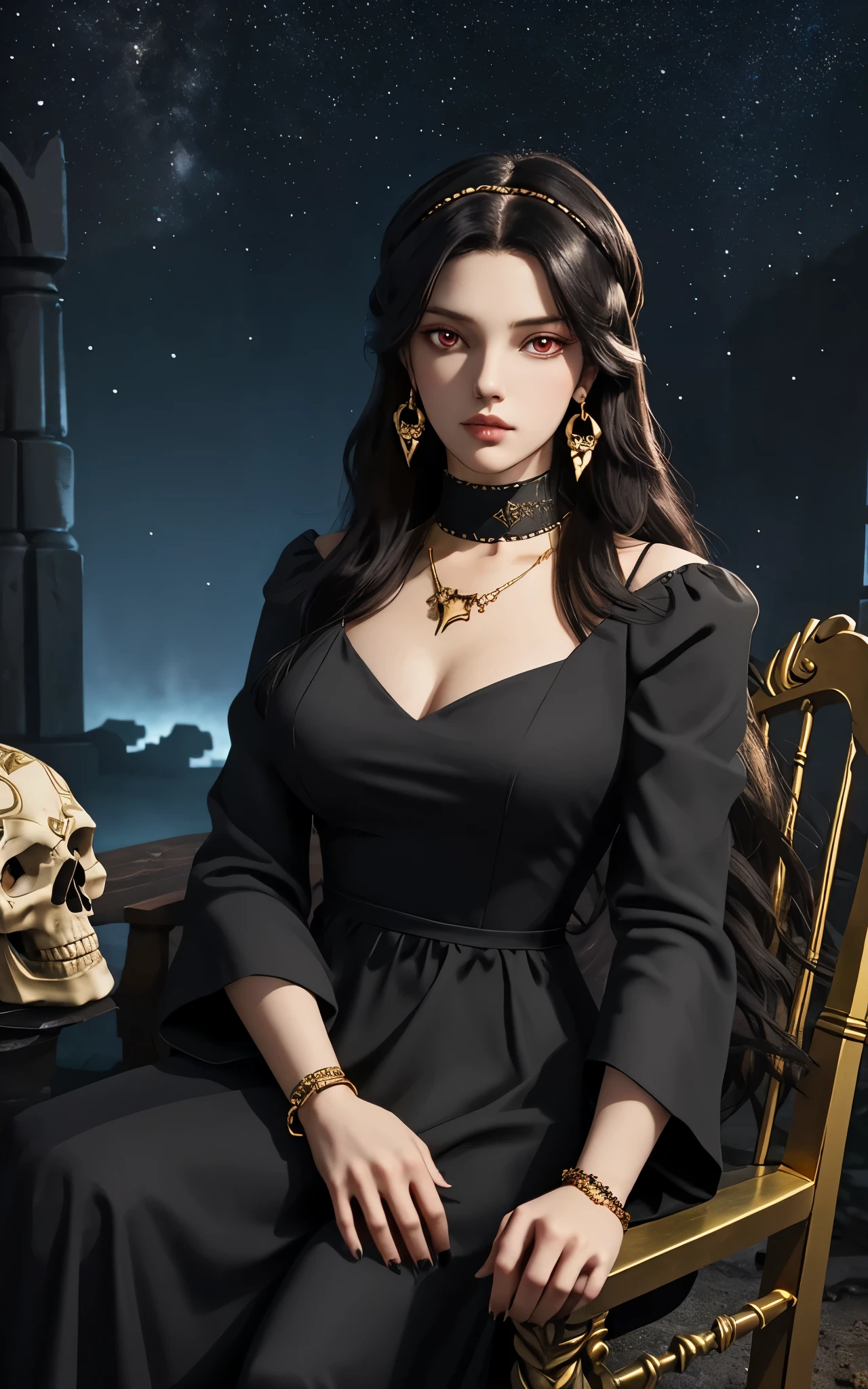 1 girl, solo, details, masterpiece, best quality, photorealistic realism, beautiful girl, long hair, black hair, skull headband, gold earrings, red eyes, beautiful face, skull necklace, perfect body, large breast, open chest, black long dress, skull bracelet, hold instrument, sit on ancient chair, dark sky, dark temple,
