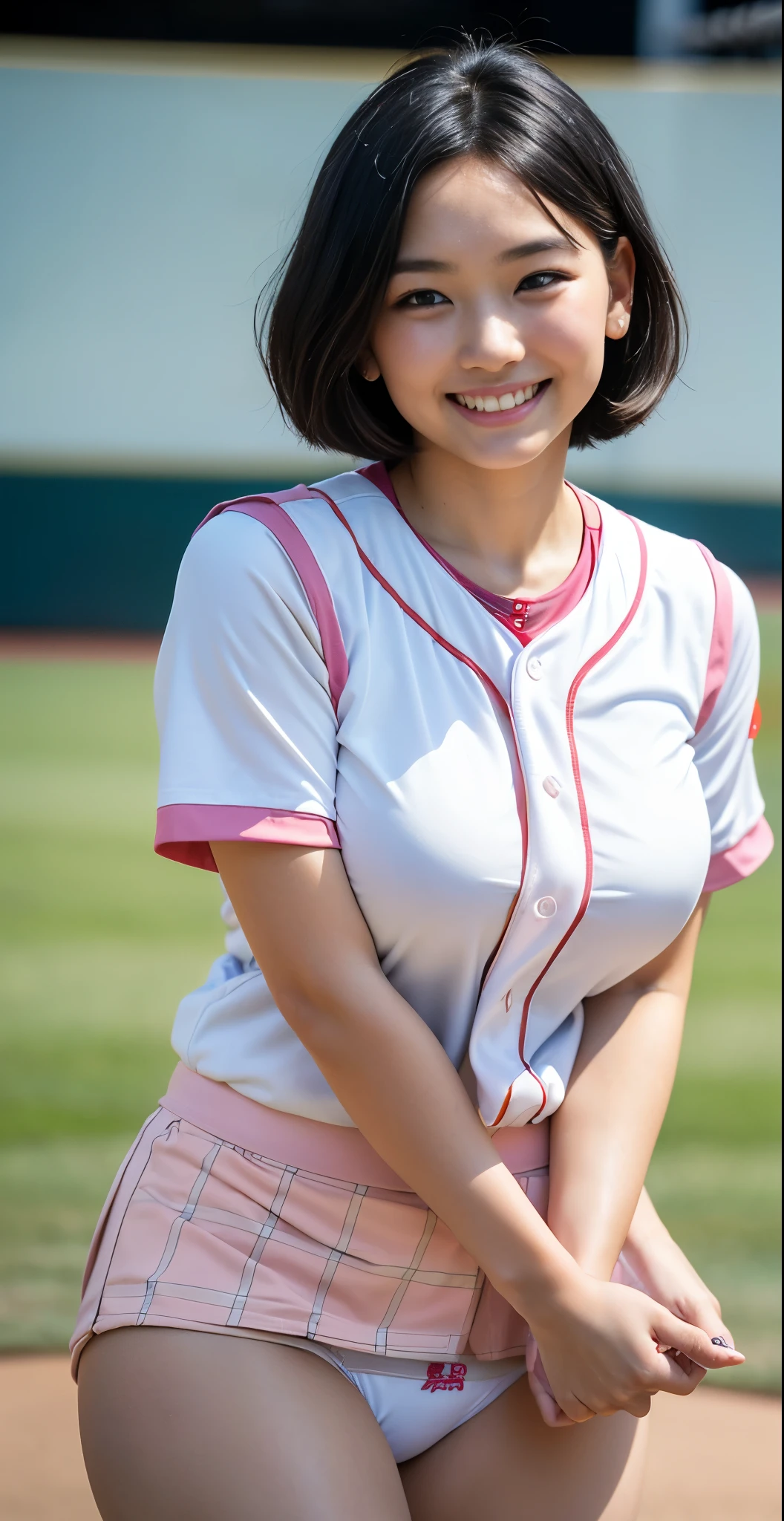 （8K、Raw photography、highest quality、masterpiece：1.2),(black haired、very short hair:1.9),show viewer,Looking at the front,erotic,白いskin,(wearing a pink and white baseball uniform:1.6)、(Clothing that emphasizes the shape of your chest、publish one&#39;skin:1.4)、(big boobs:1.3)、slim body shape、ultra high resolution,beautiful,beautiful fece,(alone, alone、no background:1.9),whole bodyボディー,japanese woman,（Photoreal：1.37）、photon mapping,reality、(Cute with a *********: 1.1)、(cute smile: 1.7)、(With a round face: 1.8)、radio city、Physically based rendering、depth of field rally background、photograph, (I can see your knees,close up of thighs、plaid skirt too short、show panties、camel toe:1.4),whole body、super fine