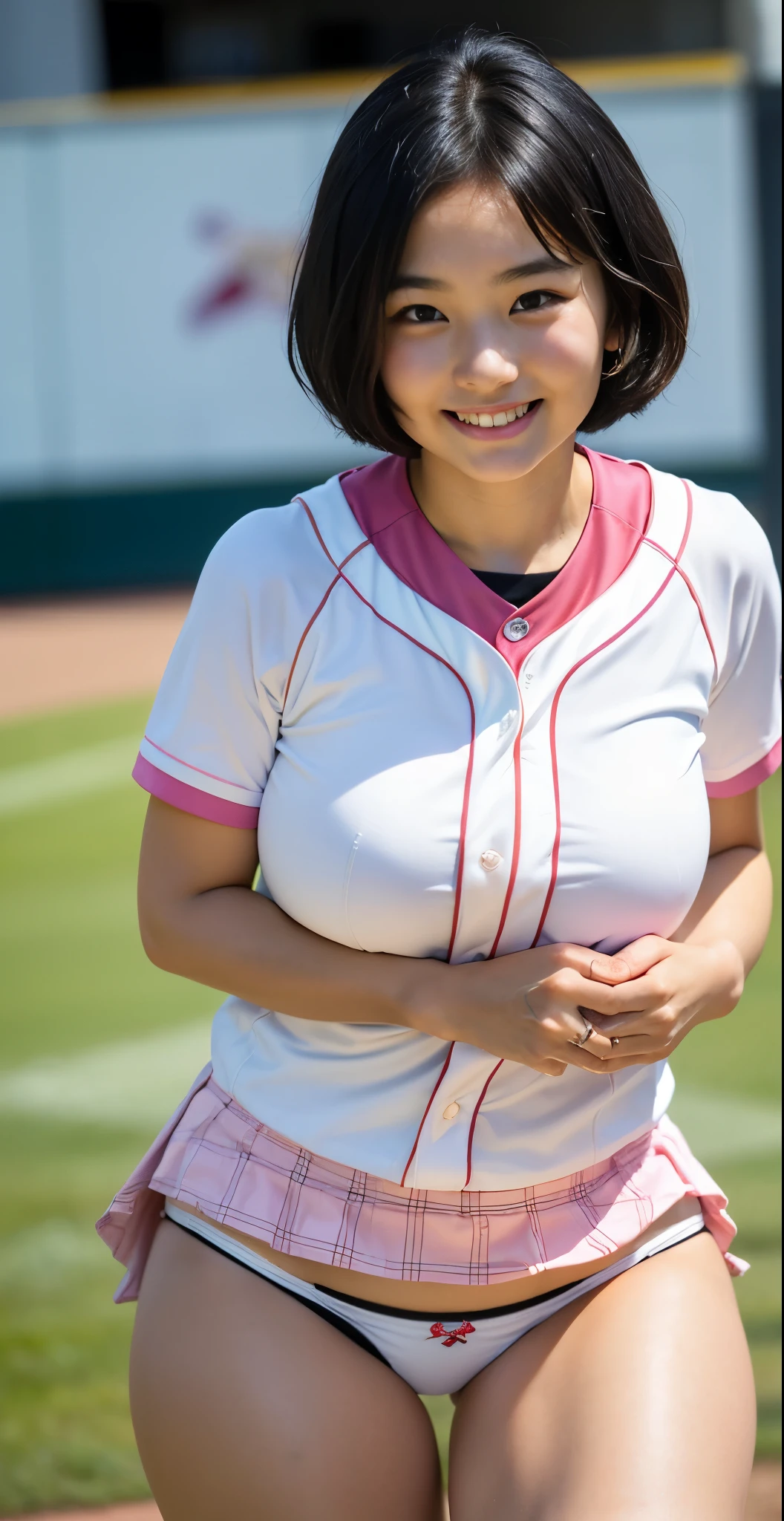 （8K、Raw photography、highest quality、masterpiece：1.2),(black haired、very short hair:1.9),show viewer,Looking at the front,erotic,白いskin,(wearing a pink and white baseball uniform:1.6)、(Clothing that emphasizes the shape of your chest、publish one&#39;skin:1.4)、(big boobs:1.3)、slim body shape、ultra high resolution,beautiful,beautiful fece,(alone, alone、no background:1.9),whole bodyボディー,japanese woman,（Photoreal：1.37）、photon mapping,reality、(Cute with a *********: 1.1)、(cute smile: 1.7)、(With a round face: 1.8)、radio city、Physically based rendering、depth of field rally background、photograph, (I can see your knees,close up of thighs、plaid skirt too short、show panties、camel toe:1.4),whole body、super fine