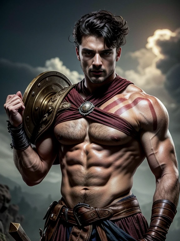 ((obra de arte)),((melhor qualidade)),8k, alto detalheed, ultra-detalhado, pose elegante, textura de pele real, dark cinematic lighting, Tiro de corpo inteiro, Lente de 35 mm, noite, dark noite, Masculino, Modelo masculino italiano de 26 s, lindo romano, he is the god of war, he is Ares, March, maldade, olhar forte, olhos verdes claros, olhos verde esmeralda, queixo forte, queixo quadrado, vestido como um gladiador, gladiador antigo, saia gladiadora masculina, rosto raspado, (stylish cut hair:1.4), cabelo curto e ondulado, Marrom escuro, sem camisa, top nu, smoke, Fogo, campo aberto, batalha, Fundo, sangue no peito, , , pele perfeita, alto detalhe, destruiu a Roma antiga, ancient army in the Fundo, tempestade escura, atmosfera escura, dark cloudy noite,,,,,profundidade de campo