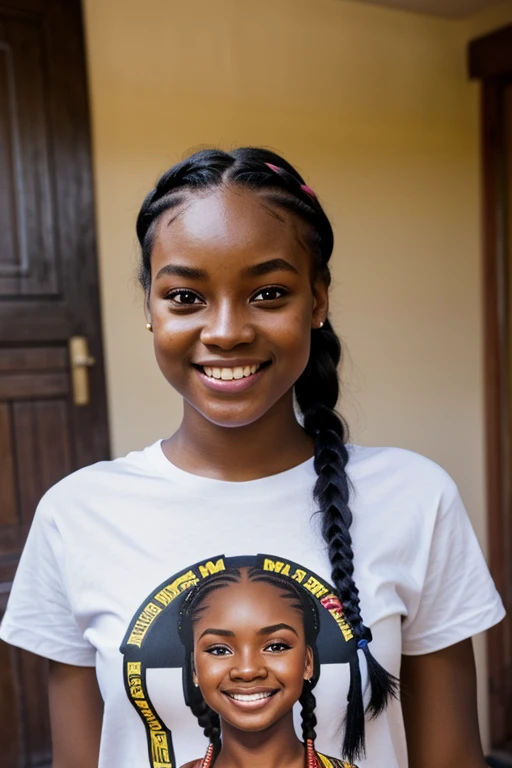 Young African girl, light black complexion,  hair braid, stunning and expressive face, big smile, slight traces of pimples on the face, wearing withe t-shirt, lighting from below and behind, dramatic expressive background, RAW colour, ray tracing,| cinematic shot photographed with DSLR, 50mm lens, shutter speed 1/100 sec, ISO 150| super detailed, hyper photorealistic 