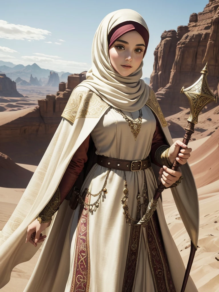 24 years old (cute:0.5) Fantasy (adventurer:1.4) princess, her face looks like (Ariel Winter:0.8) plus Hande Erçel, wears a (leather:0.5) pauldorn, an ((ivory)) and burgundy ornate caucasian dress and an ivory (hijab:1.4). Flowing khaki colored linen cape, pouch. She confidently holds a magical staff adorned with a sapphire. In a desert, she stands ready for her next adventure. Close up.