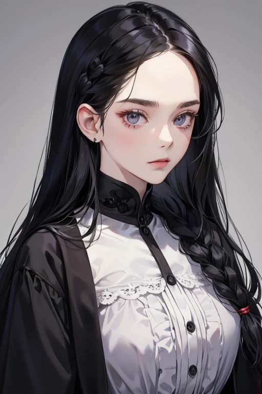 Wednesday is a pale, dark-haired, grim-looking, She has black hair in two long braids