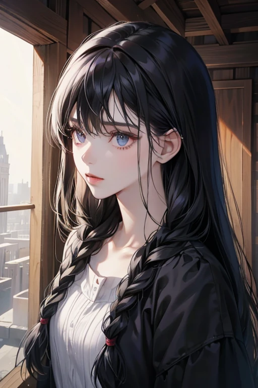 Wednesday is a pale, dark-haired, grim-looking, She has black hair in two long braids