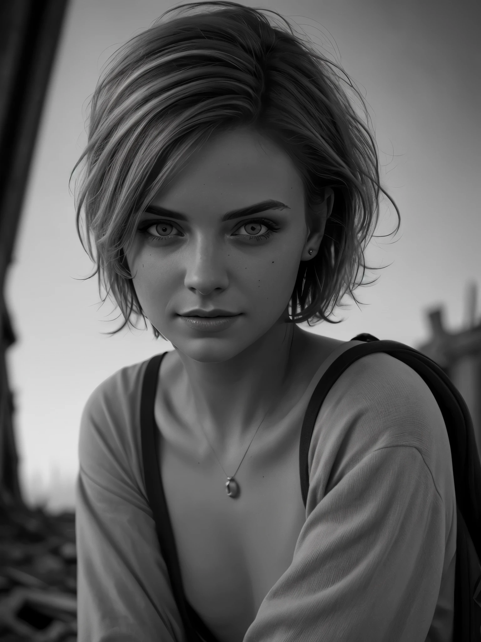 Photorealistic, masterpiece grayscale photo, woman with messy hair and poor minuscule postapocalyptic clothes, cute sexy, (detailed wastelands background), ultra sharp focus, detailed face, (((posing))), random hair color, short hair, beautiful eyes, full body, high quality black and white image