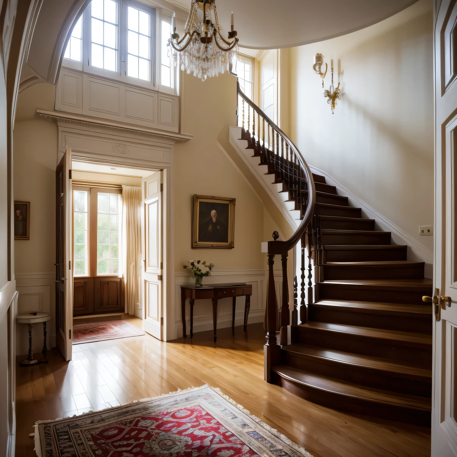 photo of a corridor with a staircase to the second floor in a country house with a modern interior