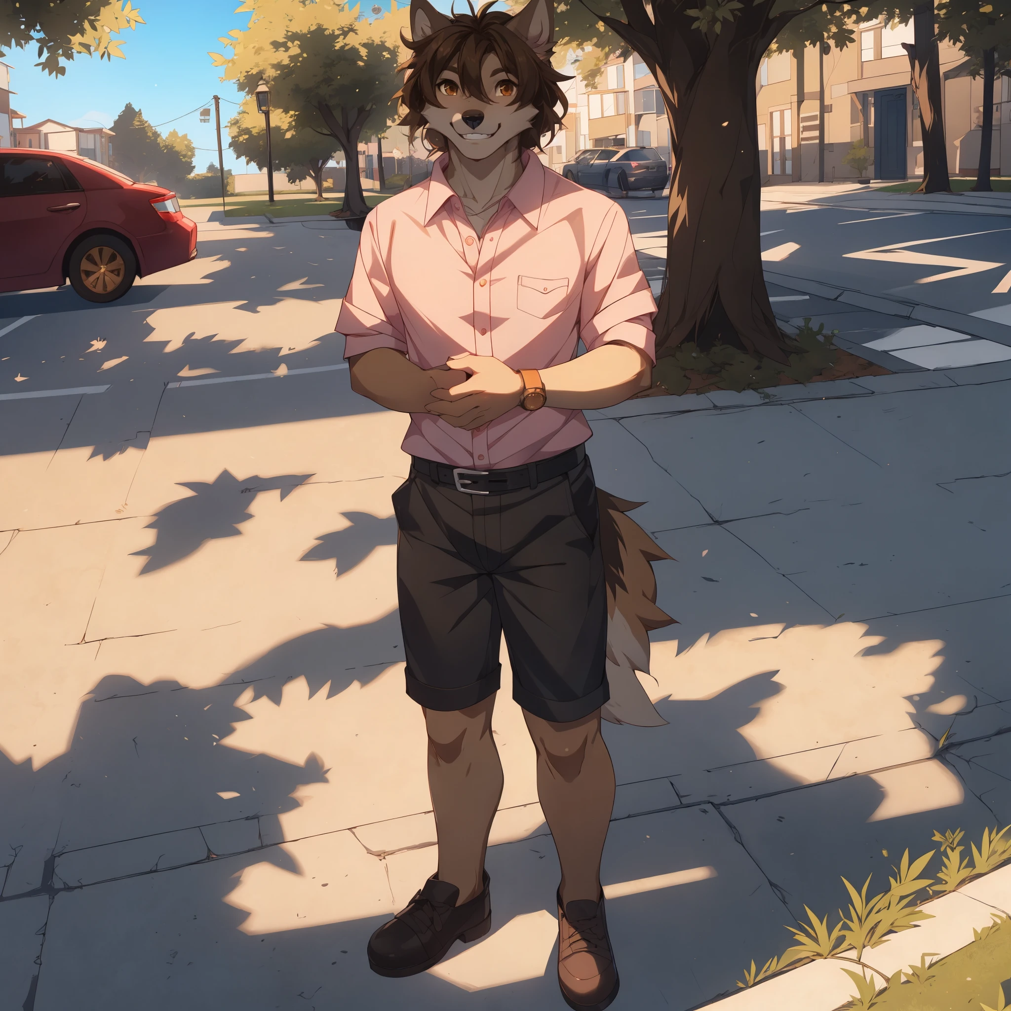 Jaiden, by fumiko, by hyattlen, by hioshiru, feminine, brown eyes, brown hair, brown male wolf, cute snout, black nose, pink polo shirt, pink shorts, black belt, brown loafers, hands together, gold watch, smiling, showing teeth, standing on a sidewalk, in a suburban neighborhood