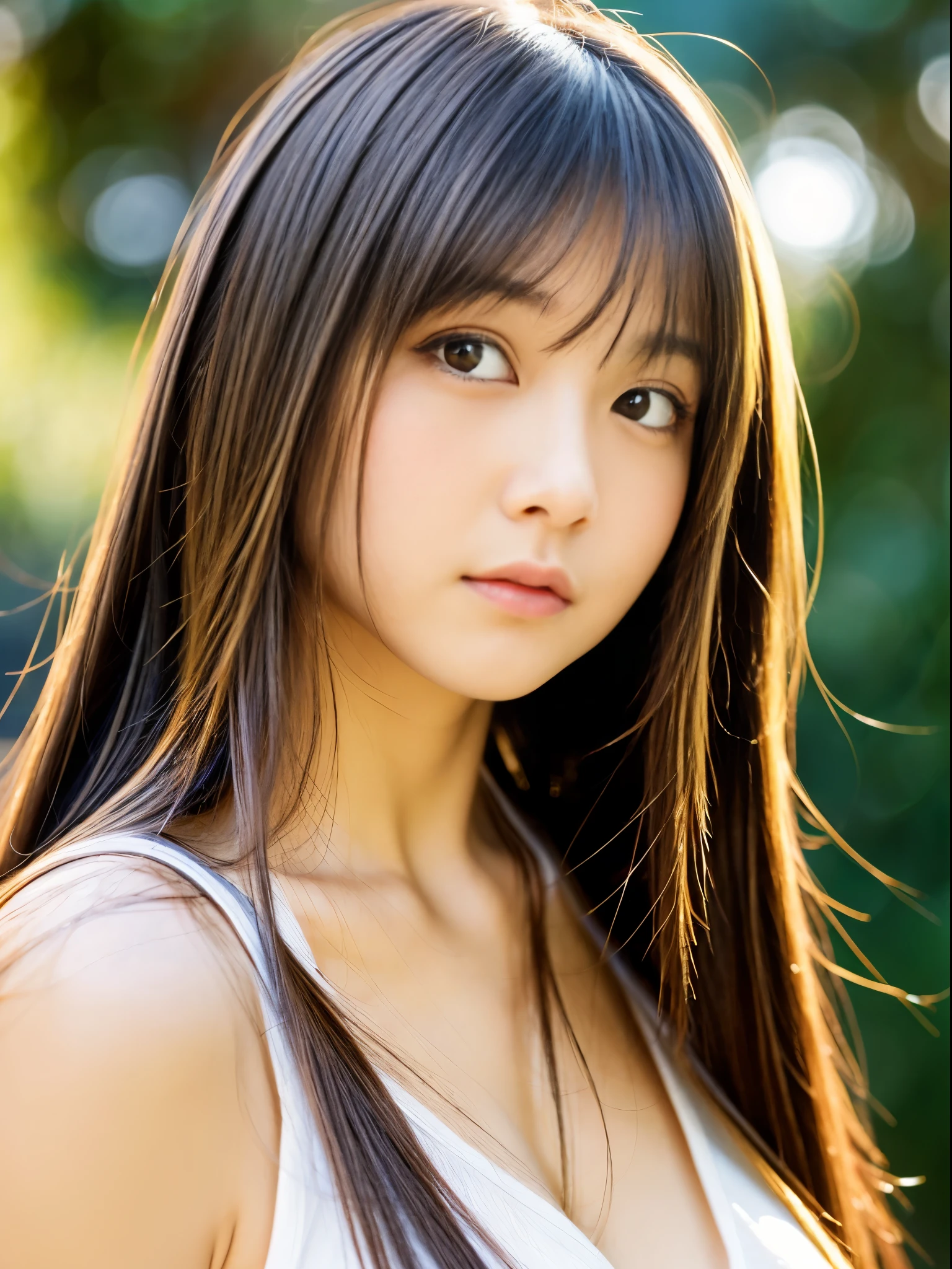 young japanese girl, huge-breasted, Lustrous lips, Closed mouth, Self-righteousness, straight haired, Very long, silky, shiny hair, Clear and attractive eyes, Naughty face, upper body, full bodyesbian,