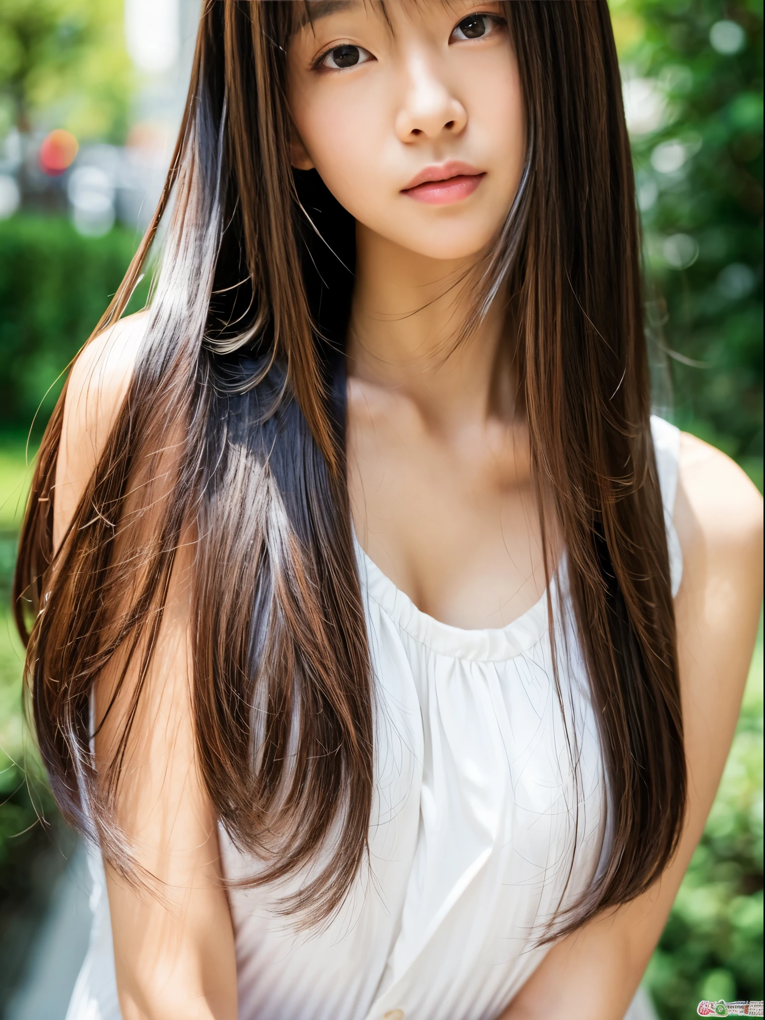 young japanese girl, huge-breasted, Lustrous lips, Closed mouth, Self-righteousness, straight haired, Very long, silky, shiny hair, Clear and attractive eyes, Naughty face, upper body, full bodyesbian,