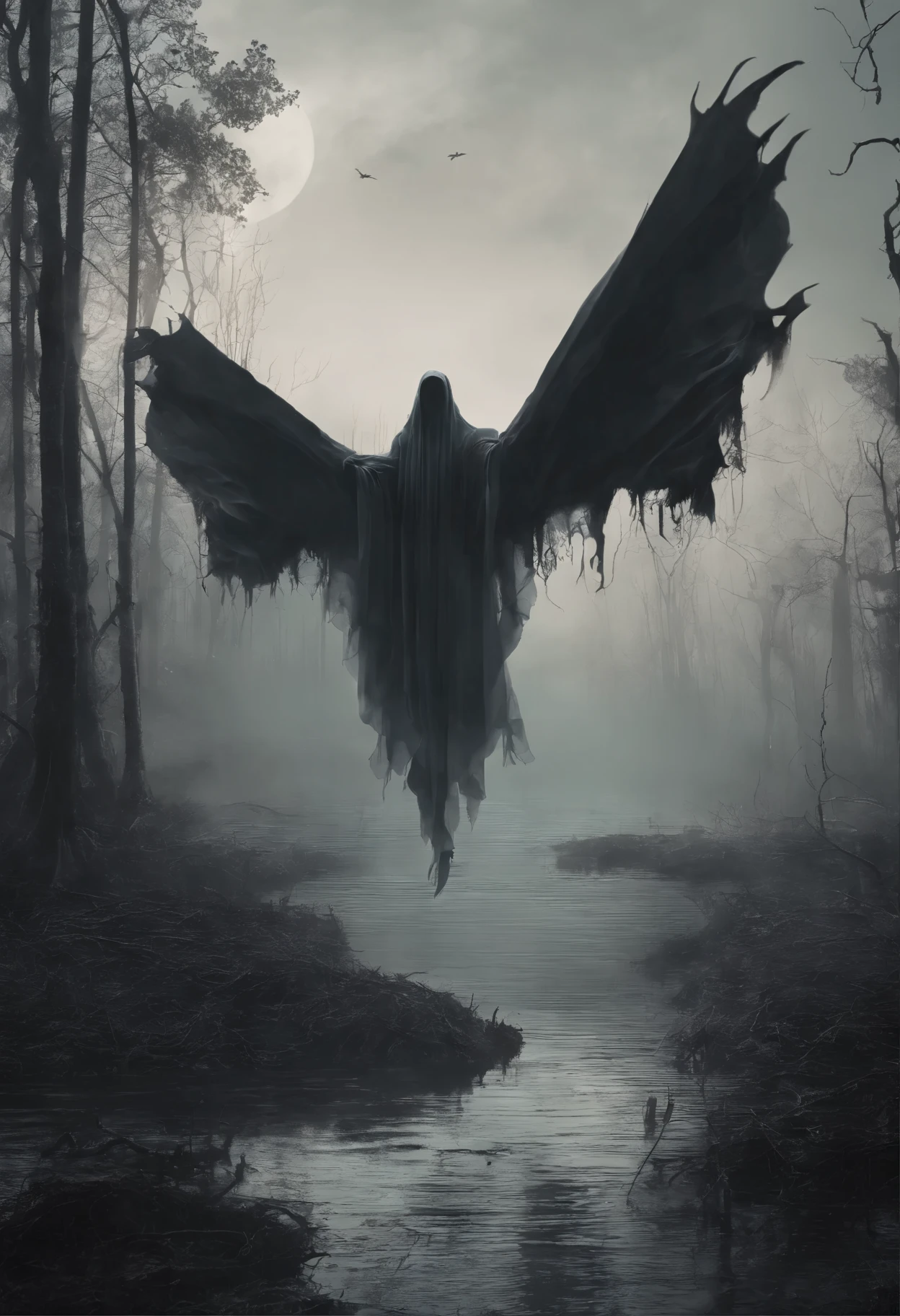((a dark ethereal ghost flies over a swampy forest):1.5), the ruins of an ancient watchtower in the background, (Best Quality, 16K, Masterpiece, UHD:1.3, Huge detail, hyper realistic, epic scale, insane level of details)