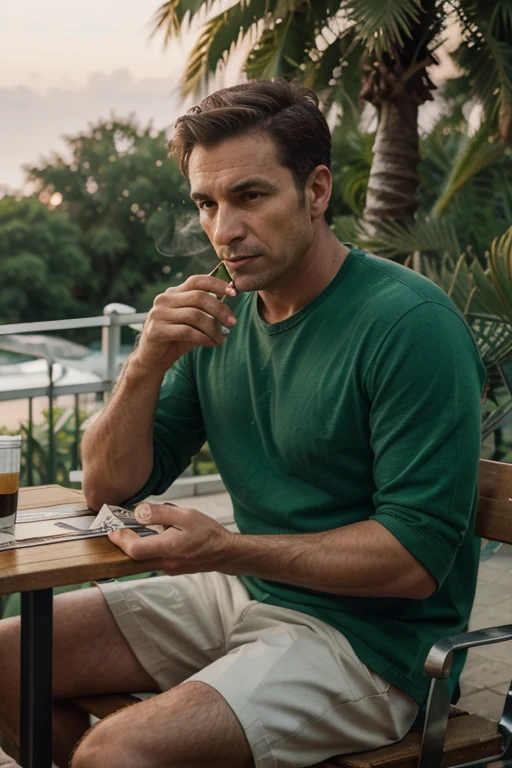 This is a picture of a 50-year-old man sitting at a table with a cup and a pack of cigarettes. He held a cigarette between his fingers. On the table in front of the man, he opened a book of diaries as if he were writing
I will stare into the distance. There was an open cigarette pack and a lighter on the table. A mug filled with tea or coffee sits next to a pack of cigarettes. Backgrounds include sunsets and lush green trees against a seaside backdrop. photography quality Realistic 8k