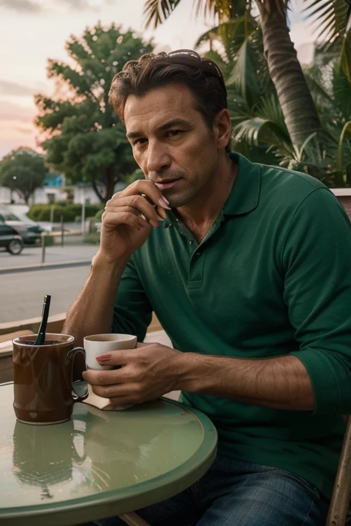 This is a picture of a 50-year-old man sitting at a table with a cup and a pack of cigarettes. He held a cigarette between his fingers. On the table in front of the man, he opened a book of diaries as if he were writing
I will stare into the distance. There was an open cigarette pack and a lighter on the table. A mug filled with tea or coffee sits next to a pack of cigarettes. Backgrounds include sunsets and lush green trees against a seaside backdrop. photography quality Realistic 8k