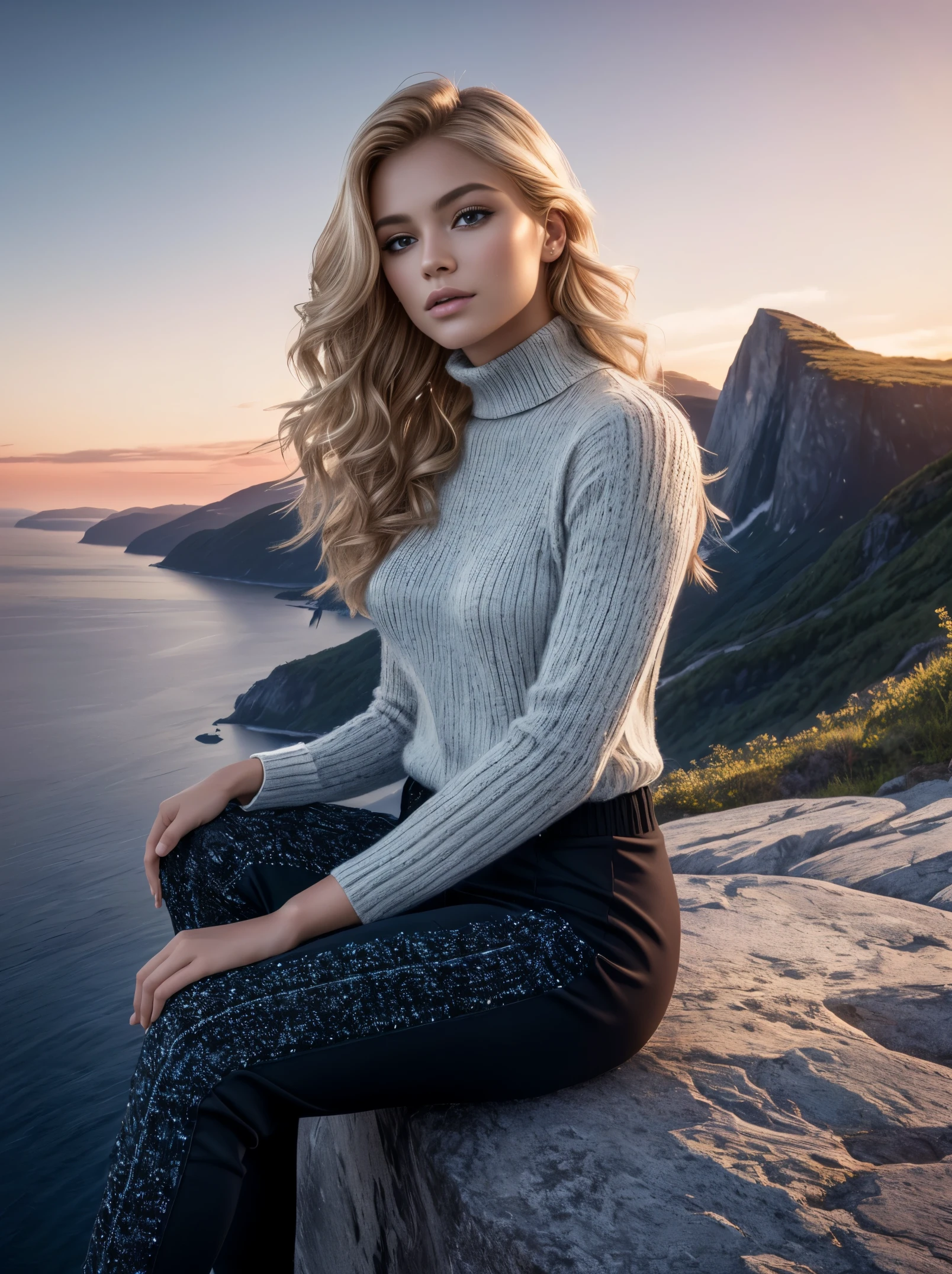 a gorgeous European blonde woman, age 23, wavy hair, She's sitting on a rock on the edge of a cliff, with a stunning view of a Norwegian fjord below)),she’s wearing a turtleneck sweater, dark thighs pants, sneakers, in the sunset light,perfect eyes, perfect hands, perfect body, perfect hair, perfect breast, UHD, retina, masterpiece, accurate, anatomically correct, textured skin, super detail, high details, high quality, award winning, best quality, highres, 16k, 8k,
