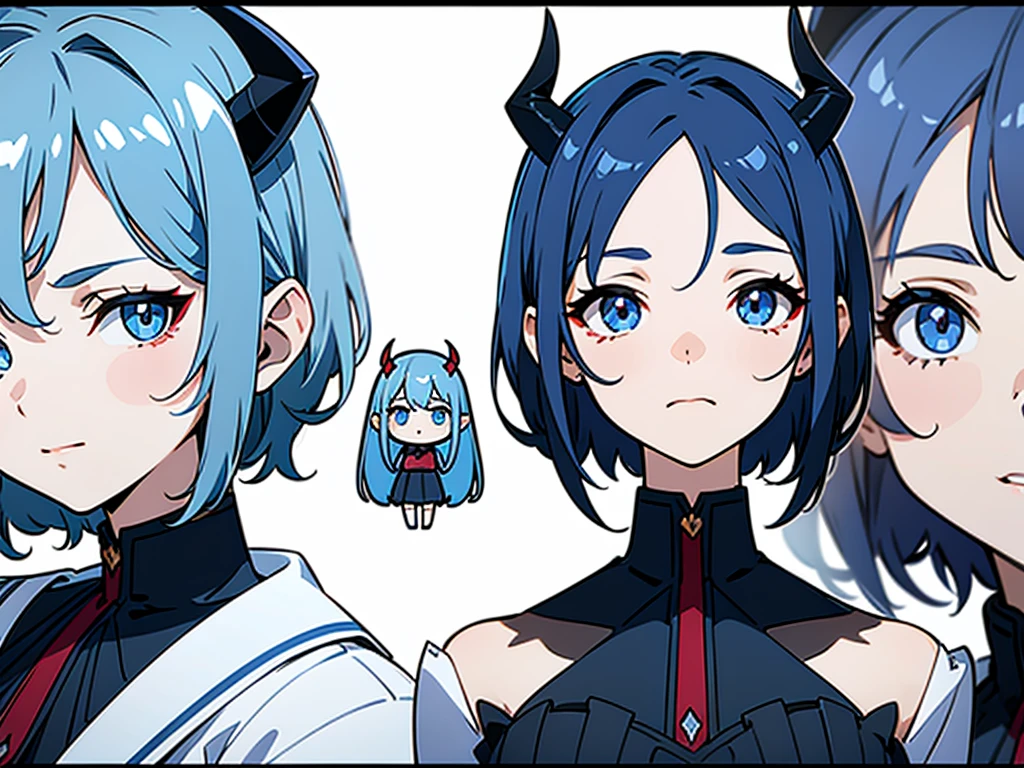 cute face, girl, multiple angles, character sheet style, short blue hair, with devil horns, various facial expressions, views form the side, views from below, views from 3/4, ultra hoigh fidelity, masterpiece, very high resolution