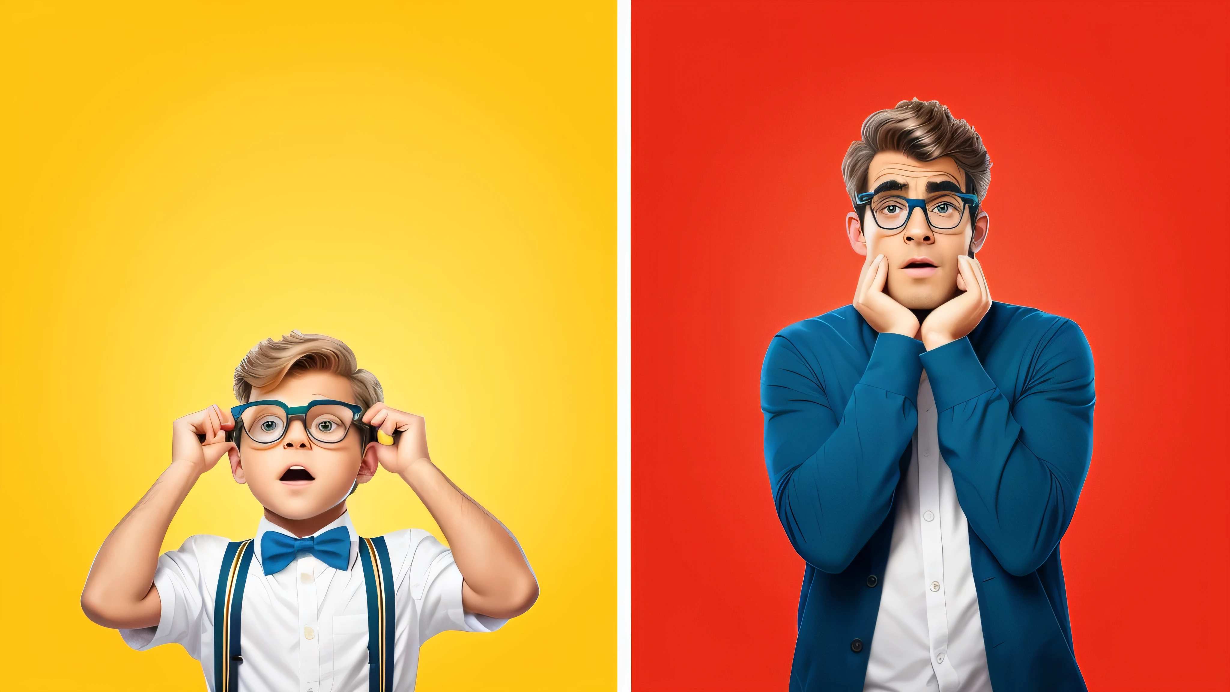 (Lots of facial expression),there are two photos of a boy with glasses and a boy with a bow tie, melhor em estoque da Adobe, rhett e link, Publicity photo, Publicity photography, Clemens Ascher, head and shoulders photography, estoquephoto, imagens promocionais, imagem promocional, fotografia promocional, vencedor do concurso Shutterstock, banner comercial, photo manipulation, Foto comercial, advertising photography, estoque
