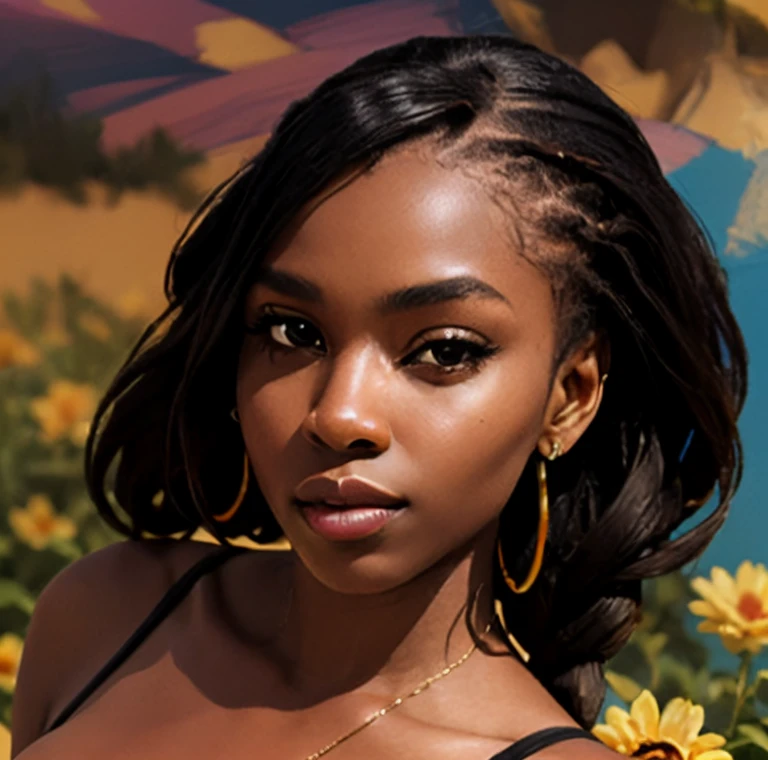 STYLE: magazine centerfold | SUBJECT: (African woman:1.3),(beauty:1.3),((full body)),(other focus), looking at the viewer, in lingerie style clothes, (naked), (long colorful cornrows hairstyle), full big breast, sexy pose, detailed face, realistic skin, There is a black woman (dark skin) laying in a flower field looking up at the sky, a woman laying in a flower field, a woman laying in a flower field, laying in a flower field, Jewelry, a beautiful woman, | AESTHETIC: (cinematic: 1.3), hyper-real highly detailed, thematic background, the sky gradually clears, the starry sky gradually recedes, | COLOR PALETTE: (RAW photo) | IN THE STYLE OF: ebony magazine