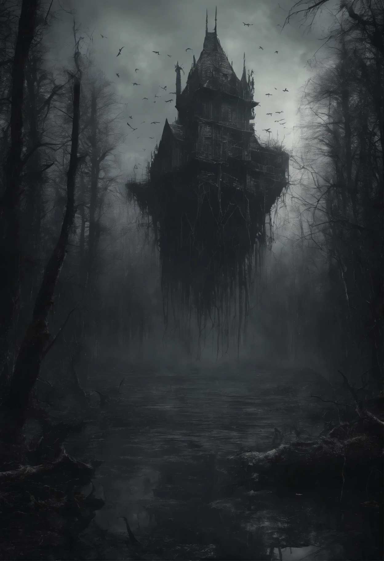 ((a dark ethereal aught flies over a swampy forest):1.5), the ruins of an ancient watchtower in the background, (Best Quality, 16K, Masterpiece, UHD:1.3, Huge detail, hyper realistic, epic scale, insane level of details)