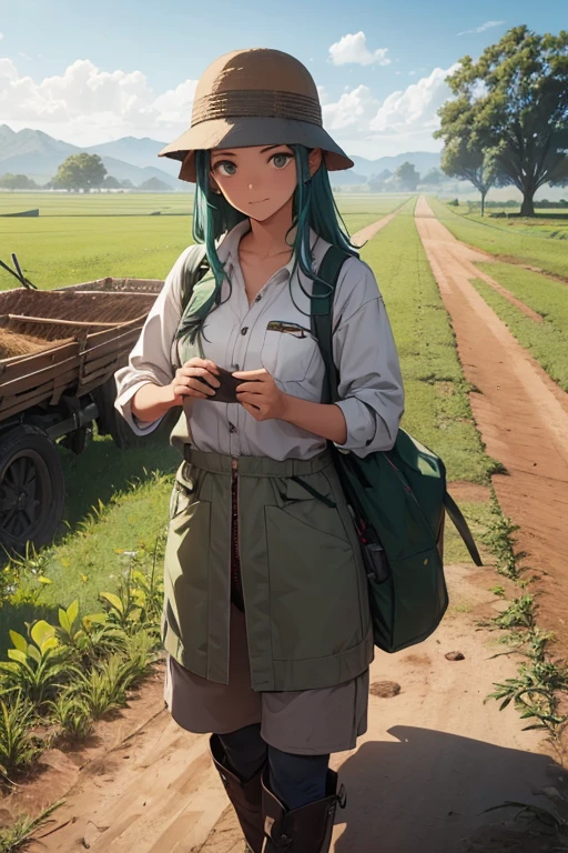 "Develop a full-body avatar for a young female farmer from the backlands of Paraíba, Brasil. The traits must incorporate northeastern rural culture, but with a contemporary style. Posicione-a em um fundo verde. Certifique-se de destacar elementos que caracterizem sua vida no campo, as practical clothing for agricultural work, conveying a feeling of authenticity and modernity."