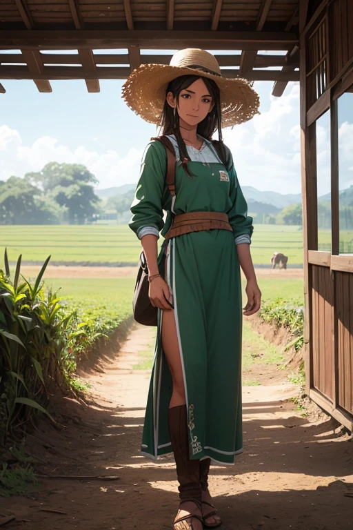 "Develop a full-body avatar for a young female farmer from the backlands of Paraíba, Brasil. The traits must incorporate northeastern rural culture, but with a contemporary style. Posicione-a em um fundo verde. Certifique-se de destacar elementos que caracterizem sua vida no campo, as practical clothing for agricultural work, conveying a feeling of authenticity and modernity."