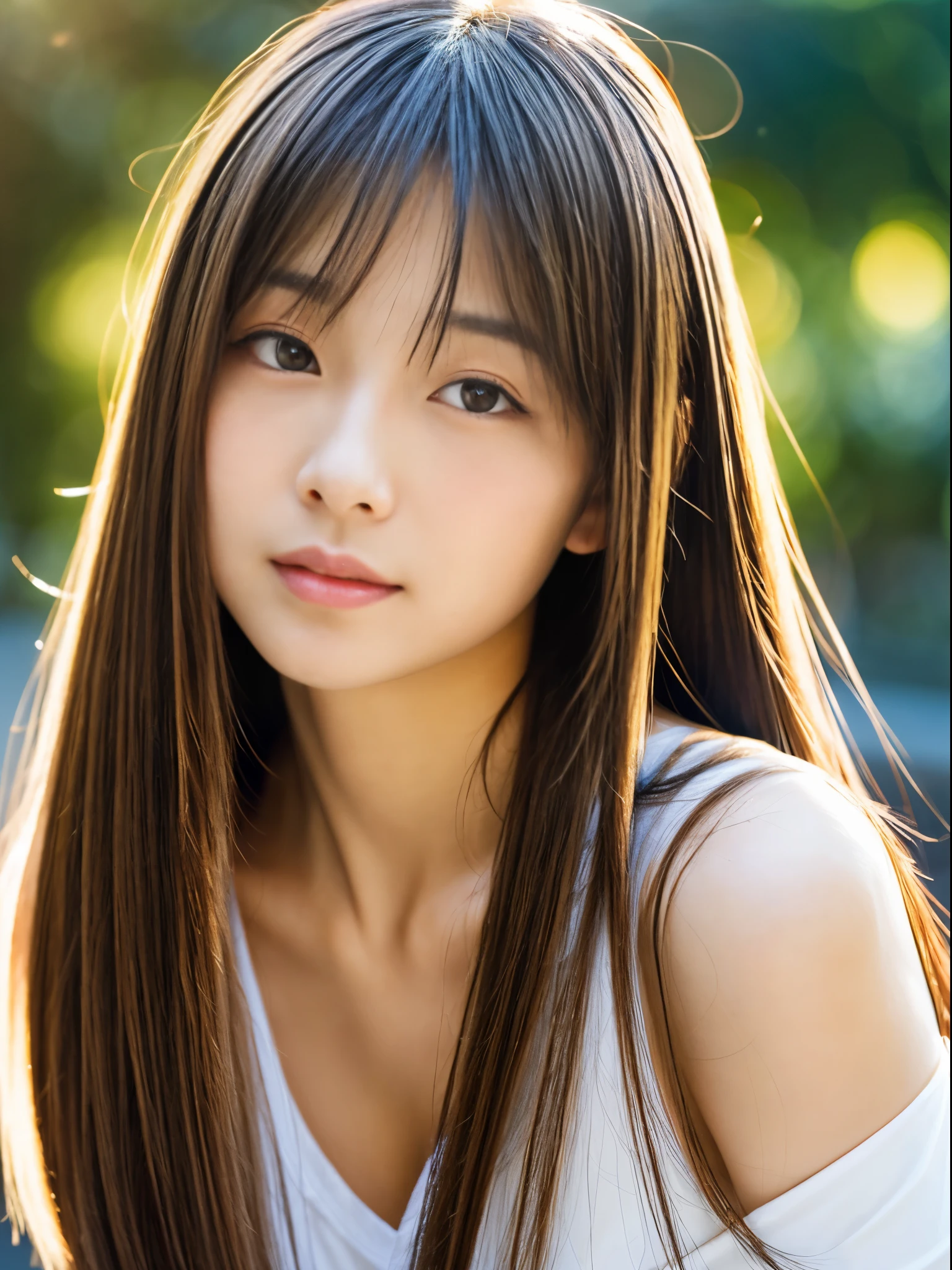 young japanese girl, huge-breasted, Lustrous lips, Closed mouth, Self-righteousness, straight haired, Very long, silky, shiny hair, Naughty face, upper body, full bodyesbian,