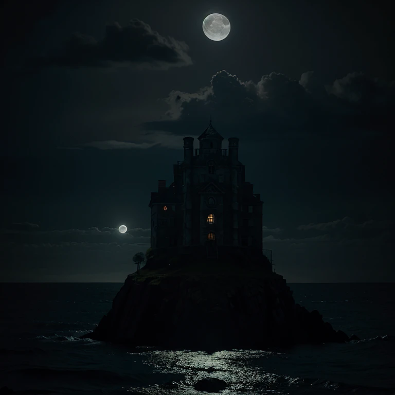 Paisaje estilo hp Lovecraft oscuro tetrico terrorifico, con sombras y luna llena
