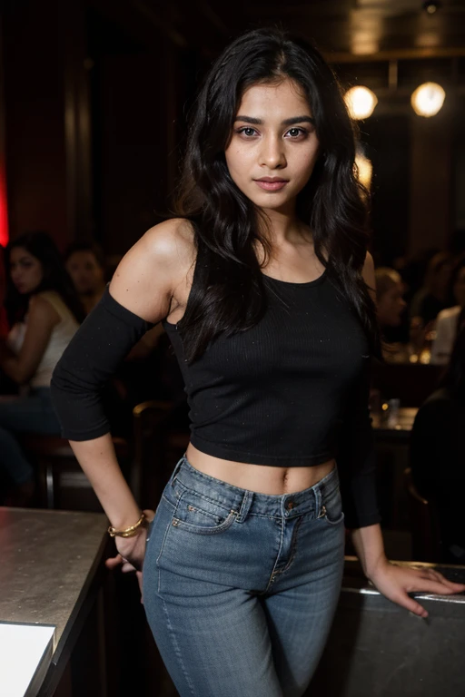 panoramic long shot of a beautiful north indian girl wearing cute top and jeans, wavy black hair, in a club, girl facing camera