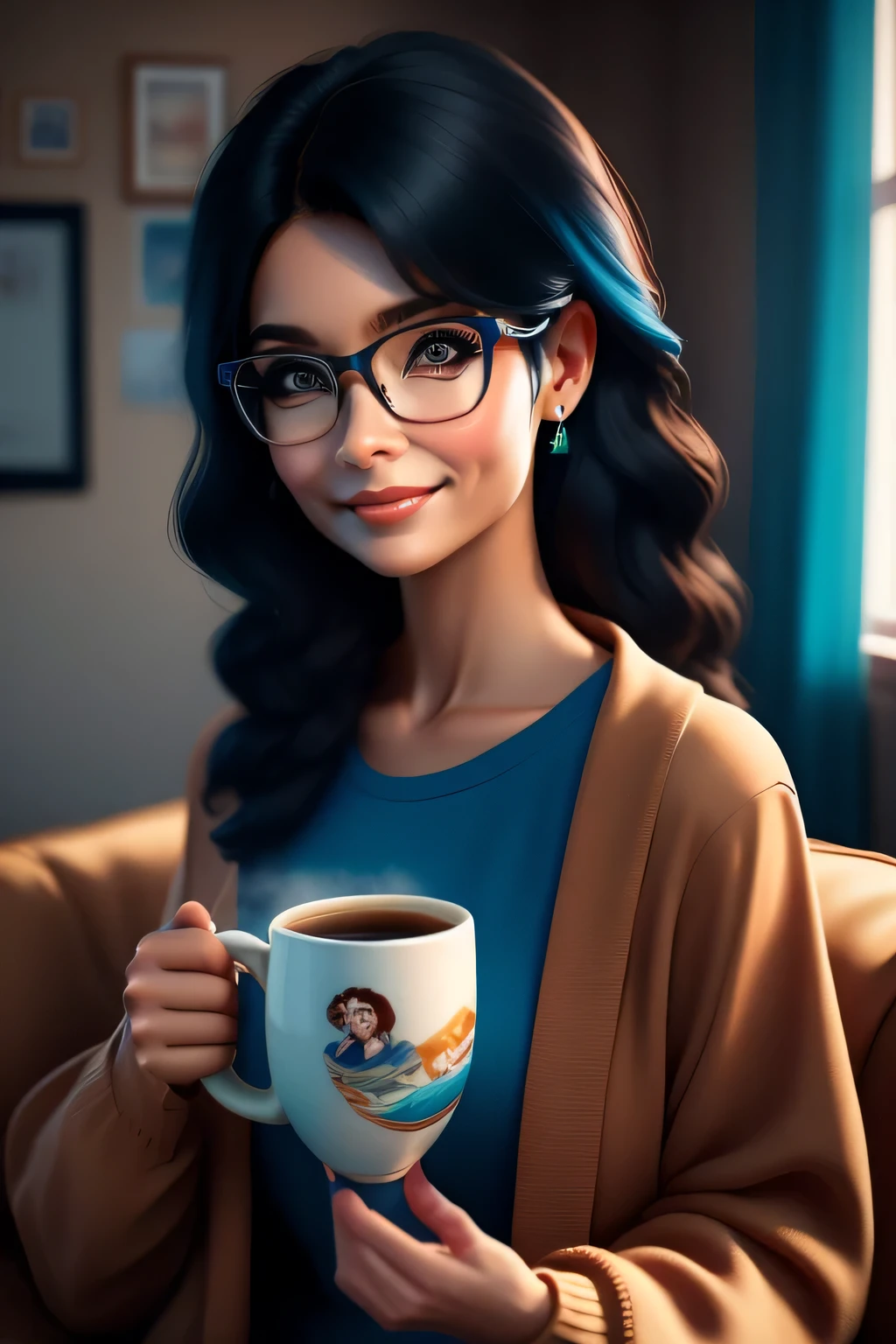 obra-prima, melhor qualidade, trabalho de rending 3d, estilo 3DMM, close-up, retrato, 3D, mulher 43 anos, pele morela, olhos castanhos, black eyeglasses, medium wavy black hair, soft braces smile, 80 kg sobrepeso, veste blusa azul claro, manga comprida com volume, holding a brown mug of coffee, ao lado de uma mesa de estudos, na mesa uma agenda aberta, canetas, pencils. Cores Candy color, cute, perfect hands