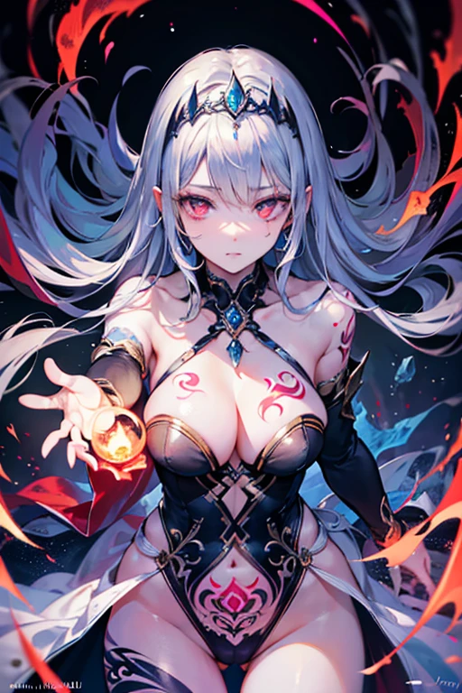 (best quality,4k,8k,highres,masterpiece:1.2),ultra-detailed,(realistic,photorealistic,photo-realistic:1.37), madness, magic, beautiful magic, light mage, darkness mage, (light and darkness), (very beautiful fantasy background, fantasy clothes), portraits, vivid colors, intense lighting, brush strokes, ethereal atmosphere, spellbinding, enchanting scenery, mesmerizing expressions, whimsical, mystical, intricate details, dynamic poses, captivating moments, flowing robes, flickering flames, crystalline ice, mythical creatures, surreal landscapes, otherworldly, magical elements, bewitching beauty, ethereal glow, transcendent, harmonic color palette. (Obscene lines), ((red glow crotch tattoo)), inmon, womb tattoo, succub tattoo, (tiara), jewelry, corrupted princess
