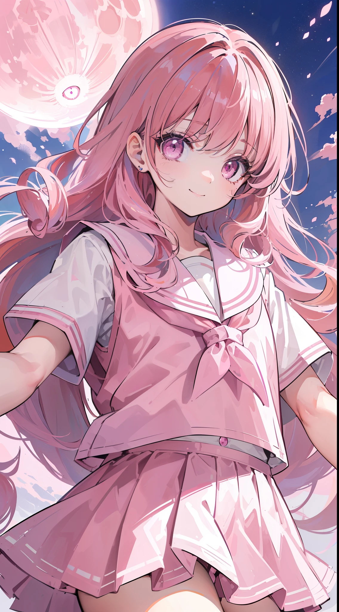 (16k), 8K, highest quality, super detailed, High resolution, from the front, (), (beautiful eyes), (Full moon background), (((face forcom front), (long hair), (pink hair), (pink eyes), (((Pink school uniform))), smile, Happy, 