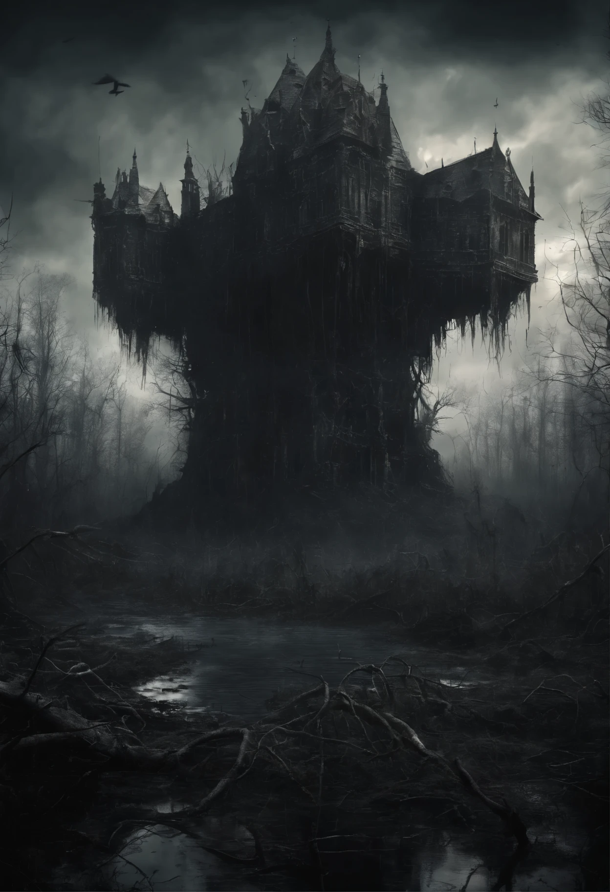 ((a dark ethereal aught flies over a swampy forest):1.5), the ruins of an ancient watchtower in the background, (Best Quality, 16K, Masterpiece, UHD:1.3, Huge detail, hyper realistic, epic scale, insane level of details)